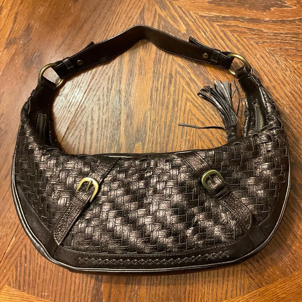 Pretty Purple Brass Weave Accented Crescent Shaped Bag! - Picture 1 of 16